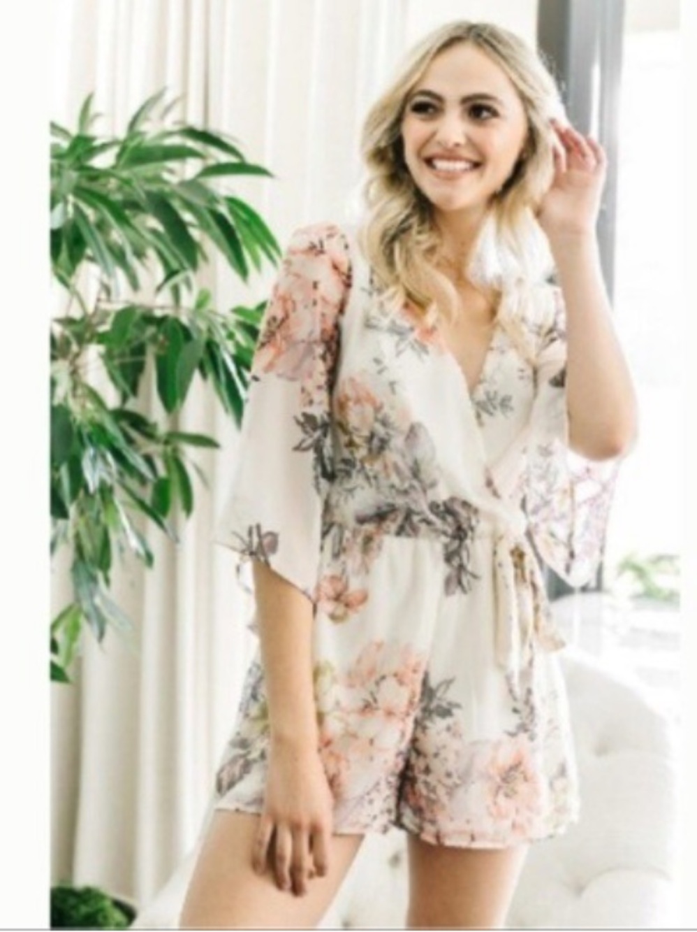Floral Wrap Romper in Cream with Pink Floral Print